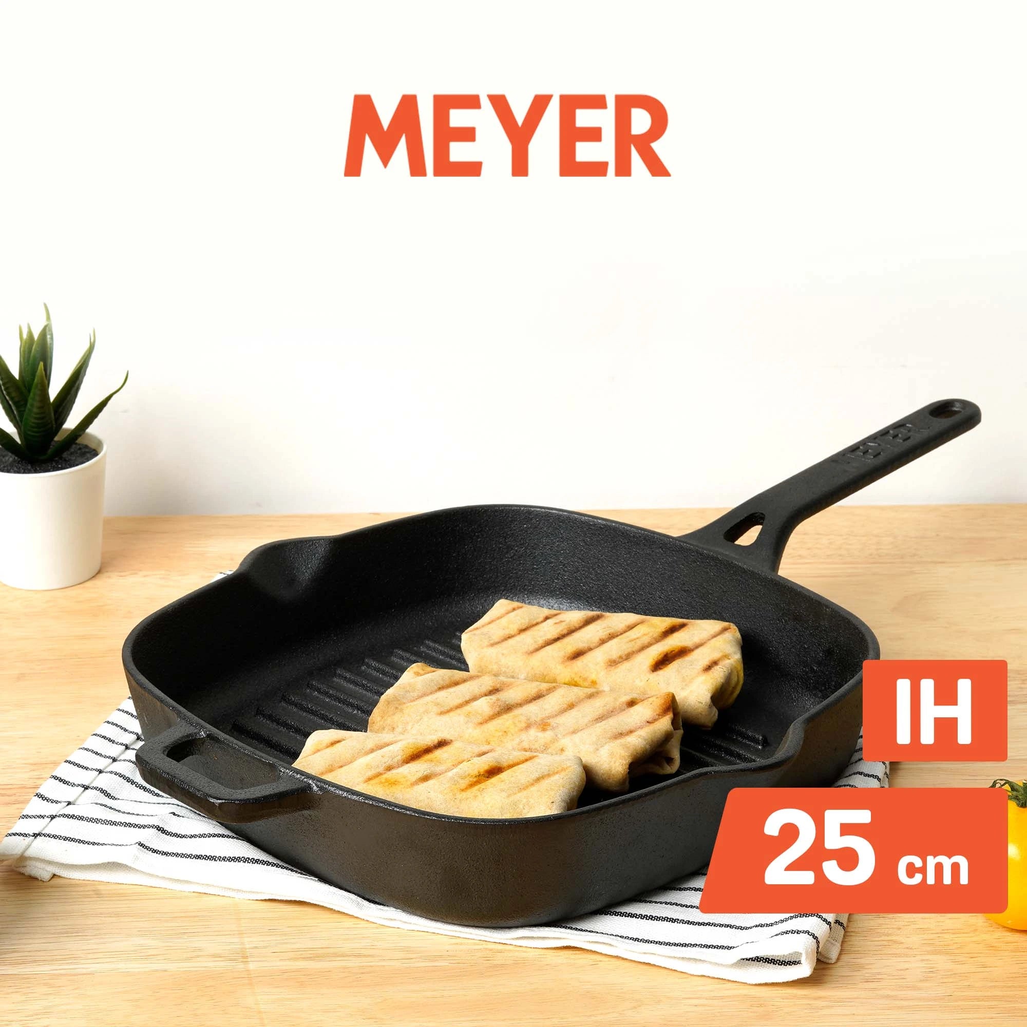 Meyer Pre-Seasoned Cast Iron Grill Pan, 25 cm, Black