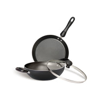 Meyer Non-Stick 3pcs Set (24cm Kadai with Lid + 24cm Flat Dosa Tawa) - Pots and Pans