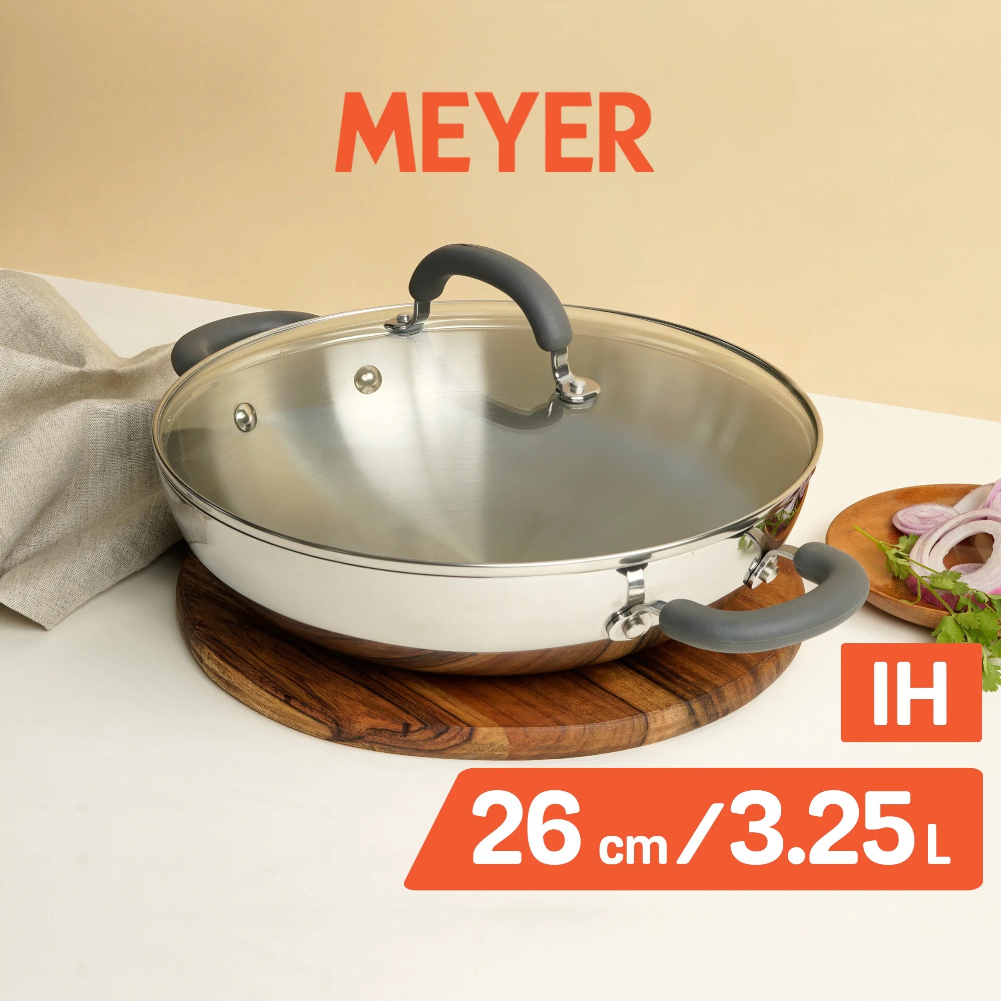 Meyer Trivantage Stainless Steel Triply Cookware Kadai/Wok with Lid, 26cm