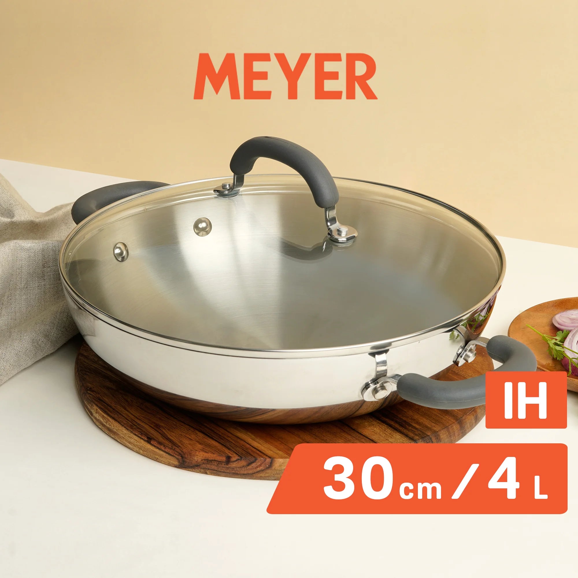 Meyer Trivantage Stainless Steel Triply Cookware Kadai / Wok with Lid, 30cm