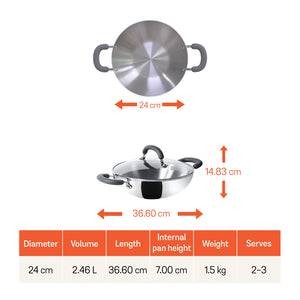 Meyer Trivantage Stainless Steel Triply Cookware Kadai/Wok with Lid, 24cm