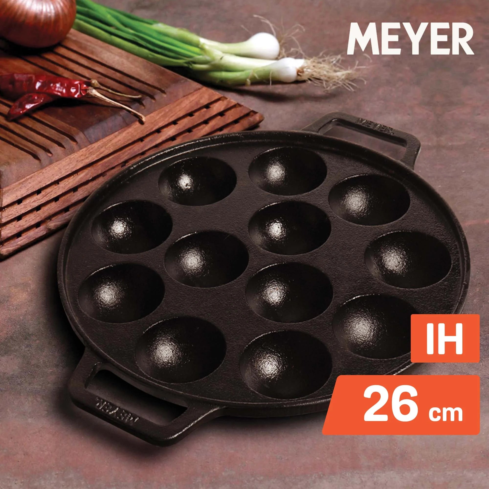 Meyer Pre Seasoned Cast Iron 2 Sides Handle Appam Pan, 26cm