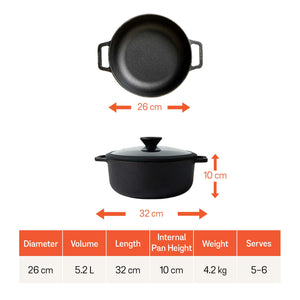 Meyer Pre-Seasoned Cast Iron Dutch Oven/Sauteuse with Glass Lid, 26cm
