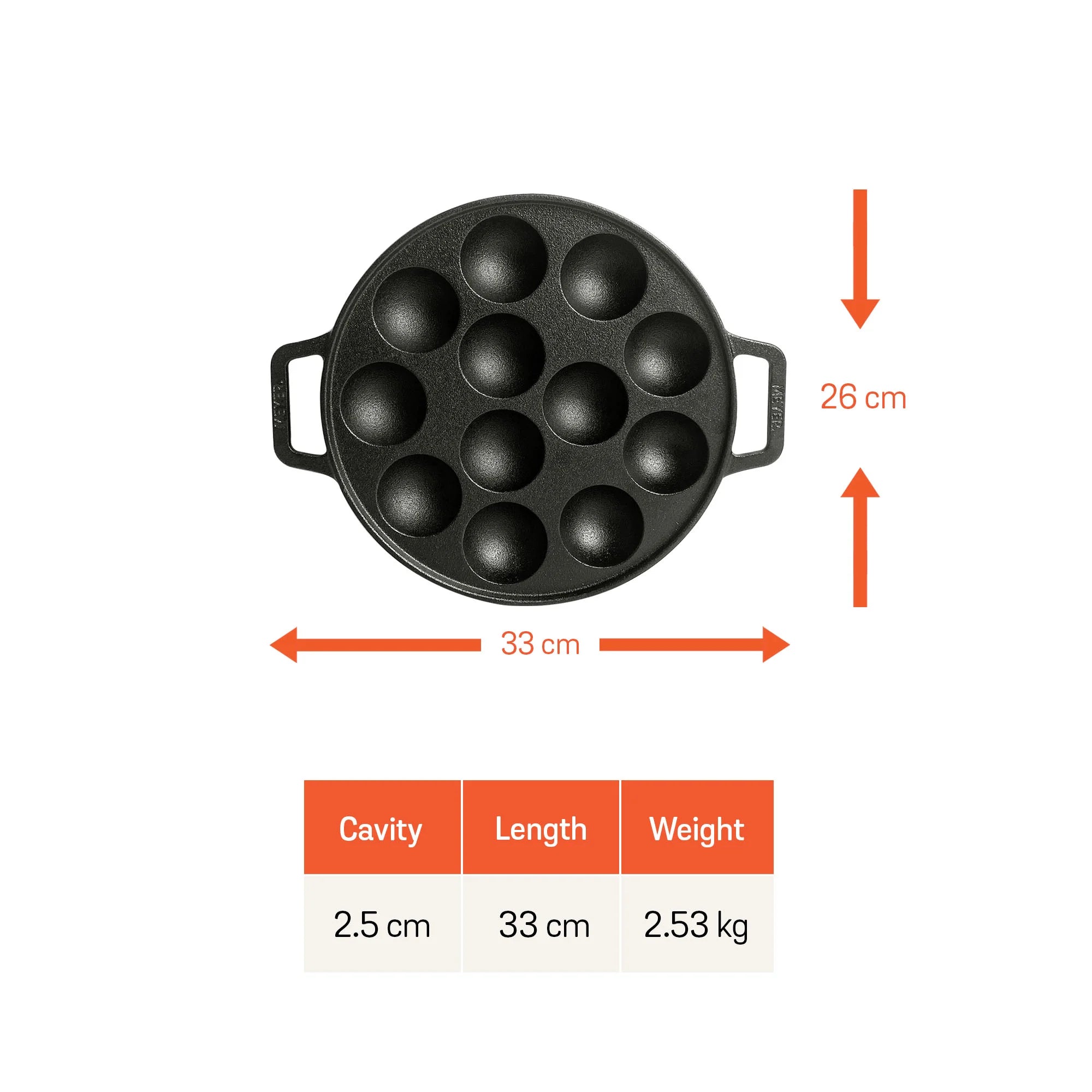 Meyer Pre Seasoned Cast Iron 2 Sides Handle Appam Pan, 26cm