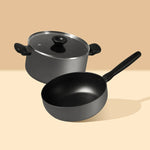 Meyer Bauhaus 2 pcs set ( Nonstick Casserole , 5 Litre, 24Cm + Aluminium Non Stick Saucier, 24Cm/3.3L) with interchangeable Lid ,Grey