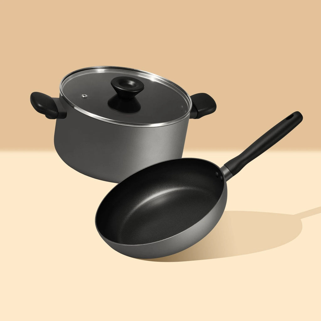 Meyer Bauhaus 2 pcs set ( Nonstick Casserole With Lid, 5 Litre, 24Cm + Non Stick Frypan 26Cm ), Grey