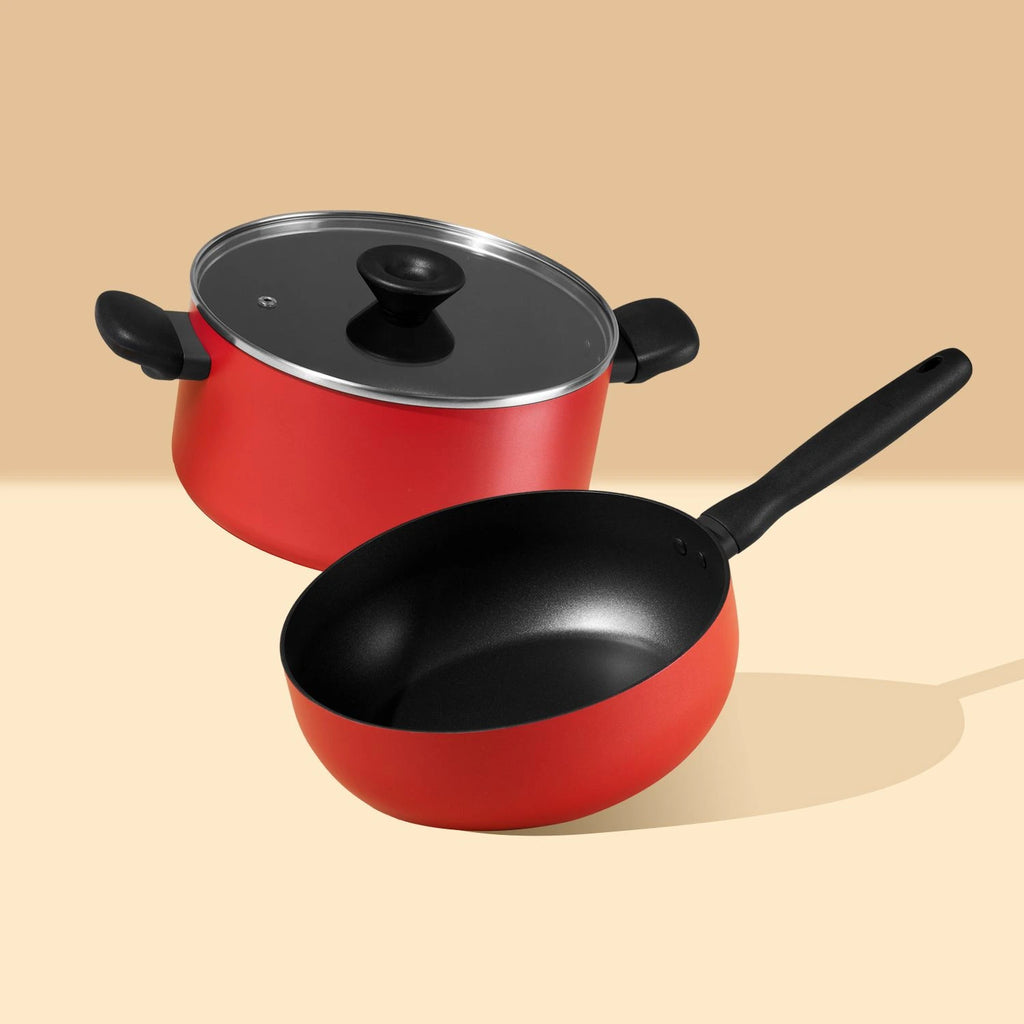 Meyer Bauhaus 2 pcs set (Aluminium Non Stick Saucier, 24Cm/3.3L + Nonstick Casserole , 5.2 Litre, 24Cm ), With Interchangeable Lid, Red