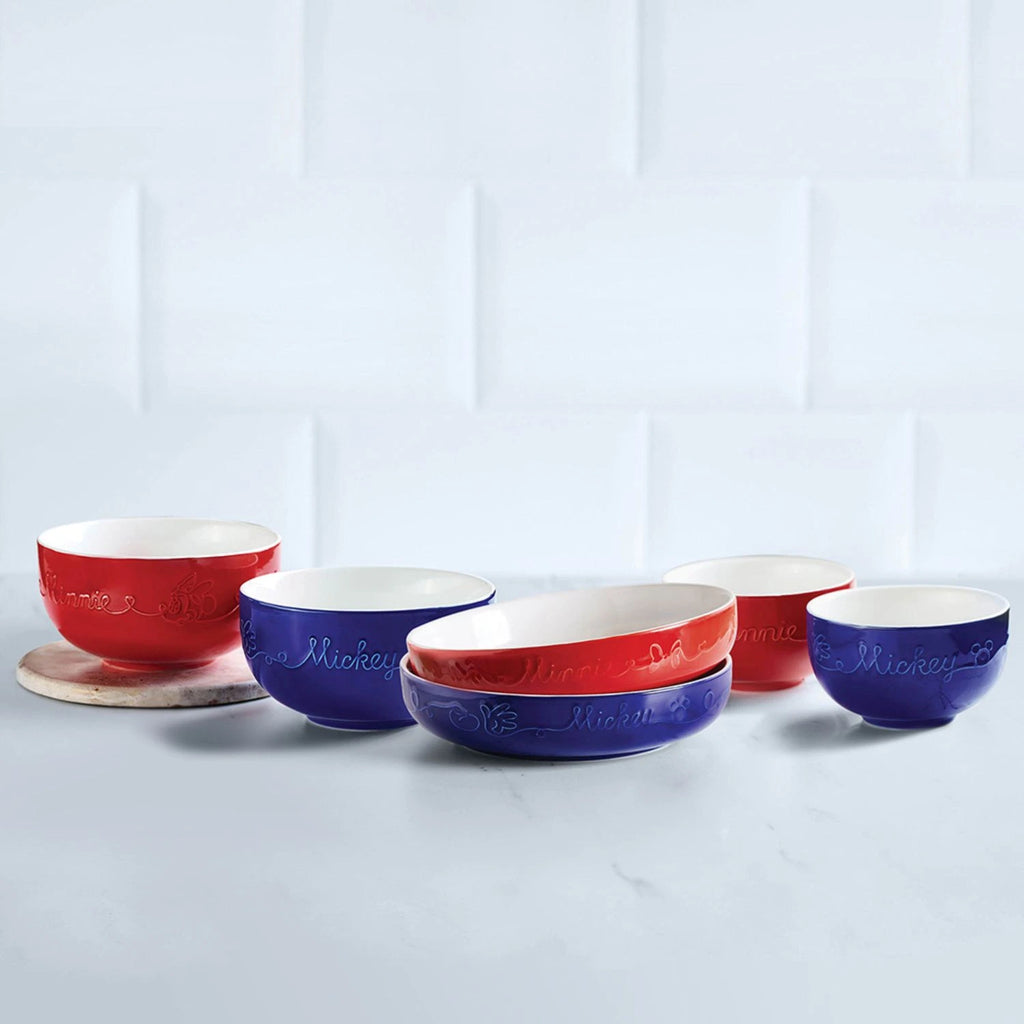 Meyer Disney Bon Voyage 3 pcs set- ( Ceramic Rice Bowl Set Of 2 , 400mL Each  +  Ceramic Ramen Bowl Set Of 2, 1 L Each + Ceramic Deep Plate Set of 2,0.5cm Each  ) (Red and Blue)