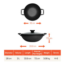 Meyer Pre Seasoned Cast Iron shallow Kadai With Glass Lid ,26cm-7