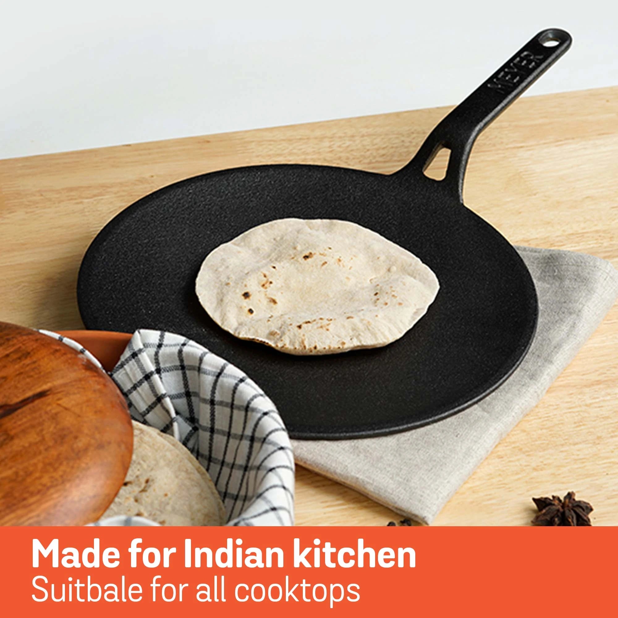 Meyer Cast Iron 2pcs Set - 26cm Curved Roti Tawa + 28cm Flat Dosa Tawa