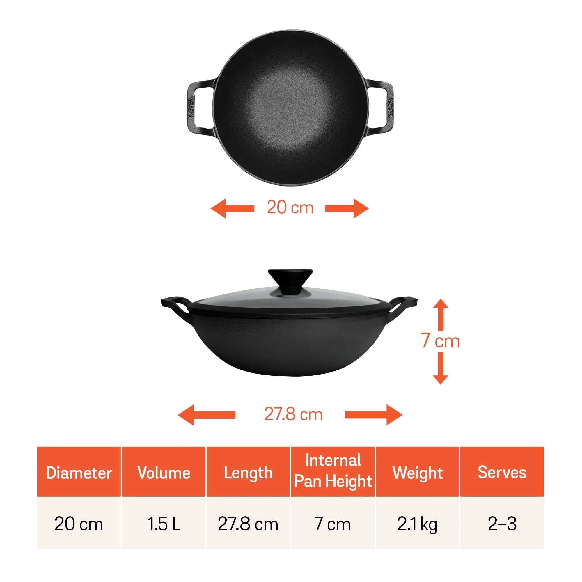 Meyer Pre Seasoned Cast Iron shallow Kadai With Glass Lid ,20cm-7