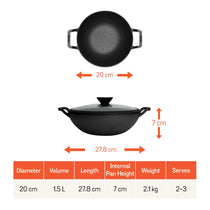 Meyer Pre Seasoned Cast Iron shallow Kadai With Glass Lid ,20cm-7