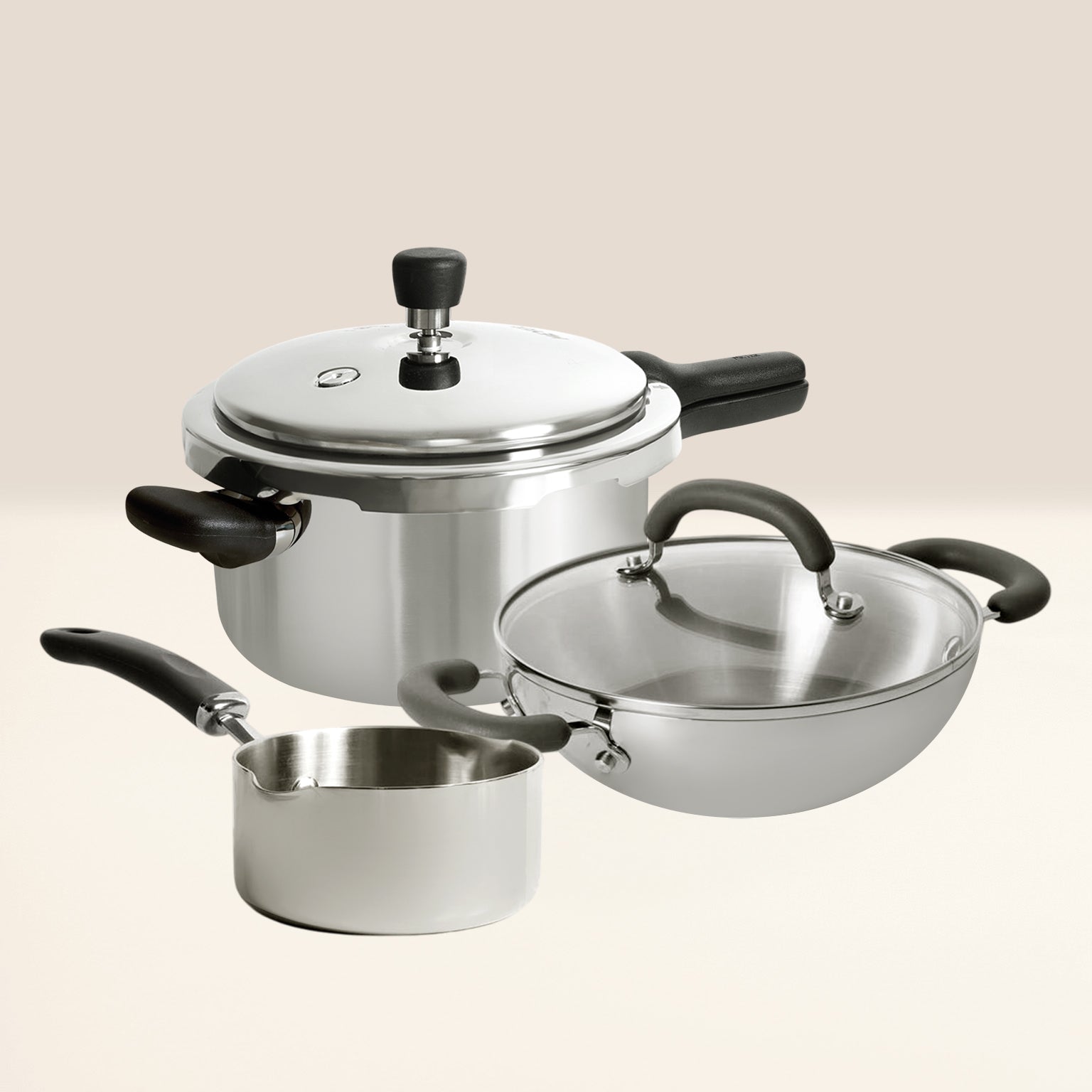 MEYER 3pcs Cookware Set (Presta Pressure Cooker+22cm Steel Kadai+