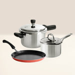 MEYER 3pcs Cookware Set (Presta 3L Pressure Cooker+18cm Straining Saucepan+24cm Flat Tawa)
