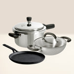 MEYER 3pcs Cookware Set (Presta 5.5L Pressure Cooker+22cm Steel Kadai+24cm Cast Iron Dosa Tawa)