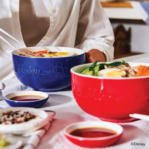 Meyer Disney Bon Voyage 3 pcs set- ( Ceramic Rice Bowl Set Of 2 , 400mL Each  +  Ceramic Ramen Bowl Set Of 2, 1 L Each + Ceramic Deep Plate Set of 2,0.5cm Each  ) (Red and Blue)