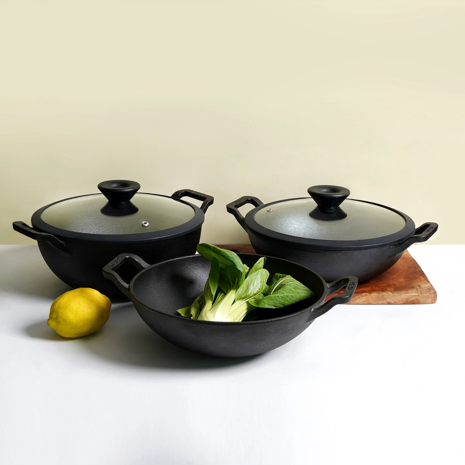 Meyer Pre Seasoned Cast Iron shallow Kadai With Glass Lid ,20cm