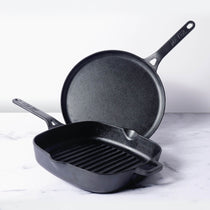 Meyer Cast Iron 2pcs Set - 25cm Grillpan + 28cm Flat Dosa Tawa - Pots and Pans