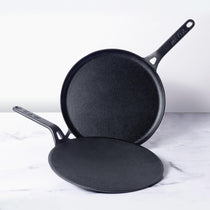 Meyer Cast Iron 2pcs Set - 26cm Curved Roti Tawa + 28cm Flat Dosa Tawa - Pots and Pans