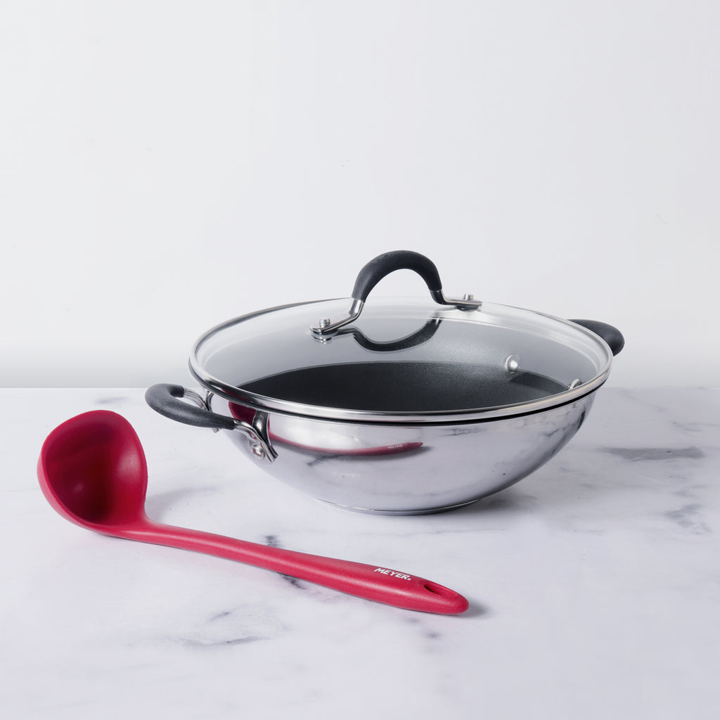 Circulon Momentum Non-Stick 3pcs Set (27cm Kadai/Wok + Silicone Round Ladle, Red) - Pots and Pans