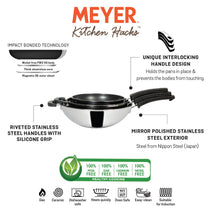 Meyer Kitchen Hacks (Stainless Steel + Non Stick) 3 Piece Open Stirfry/Kadai with Stick Handle Set, (22 cm / 26 cm/ 30 cm) - Pots and Pans