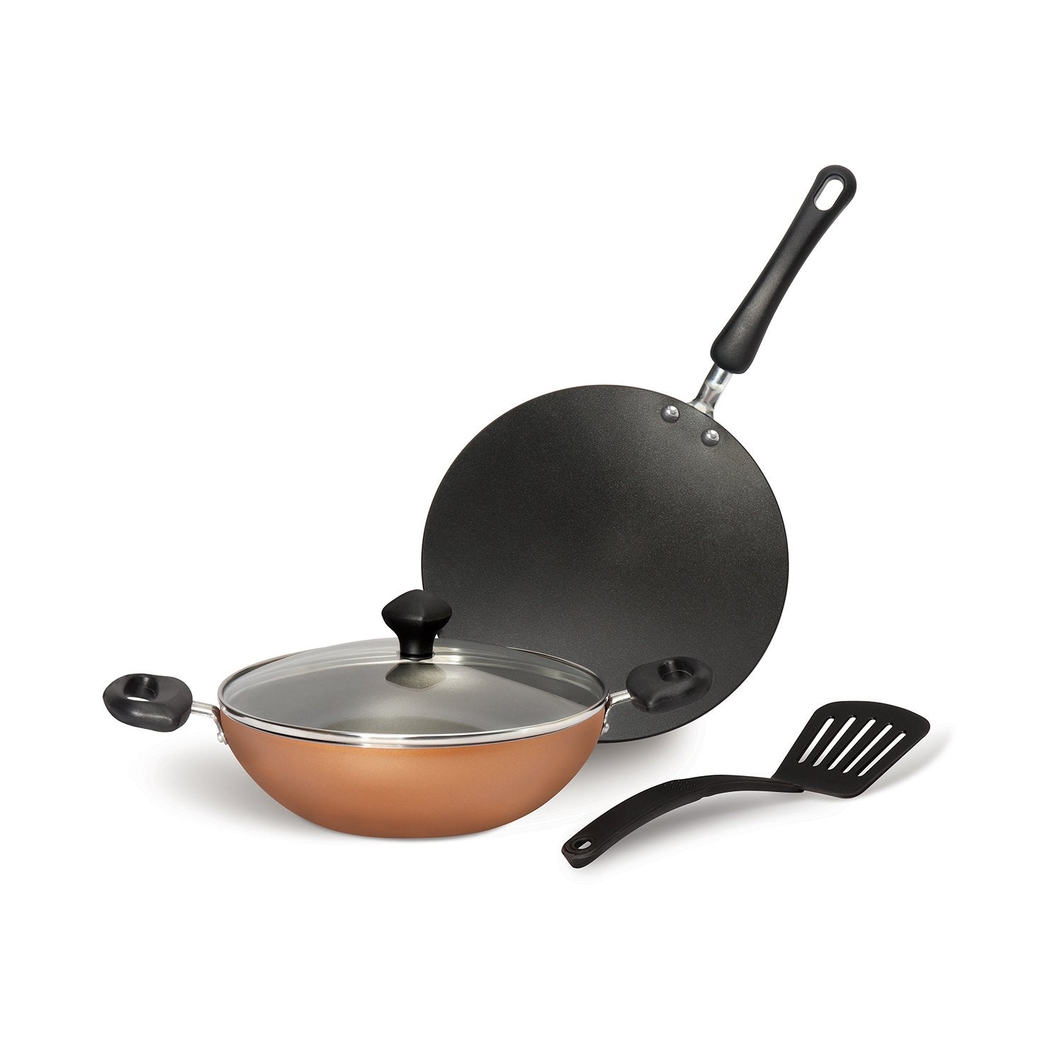 Meyer Non-Stick 4pcs Cookware Set (Kadai + Curved Roti/Chappati Tawa + Nylon Turner) - Pots and Pans