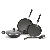 Meyer Non-Stick 5pcs Set (28cm Flat Dosa Tawa + 24cm Frypan + 24cm Kadai with Lid + Nylon Turner) - Pots and Pans