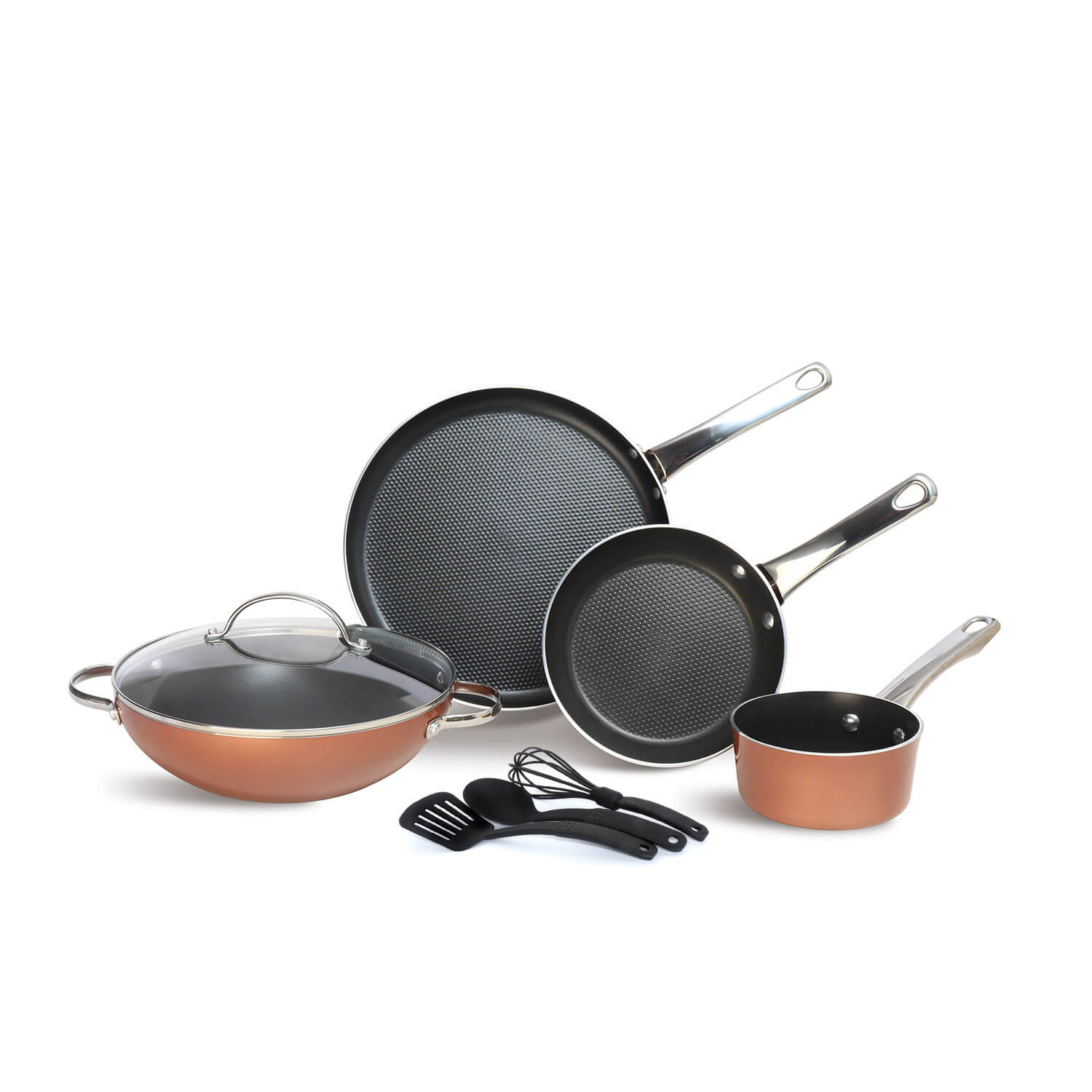 Meyer Luminescence Non-Stick 8pcs Set, Copper (Saucepan+Kadai+Frypan+Tawa+Accessories) - Pots and Pans