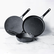 Meyer Pre-Seasoned Cast Iron 3 Piece Cookware Set - 28cm Flat Dosa Tawa + 20cm Frypan + 26cm Curved Roti Tawa - Pots and Pans