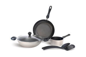 Meyer Non-Stick 6pcs Set (14cm Milkpan+26cm Frypan+26cm Kadai+Nylon Turner+Nylon Spoon) - Pots and Pans