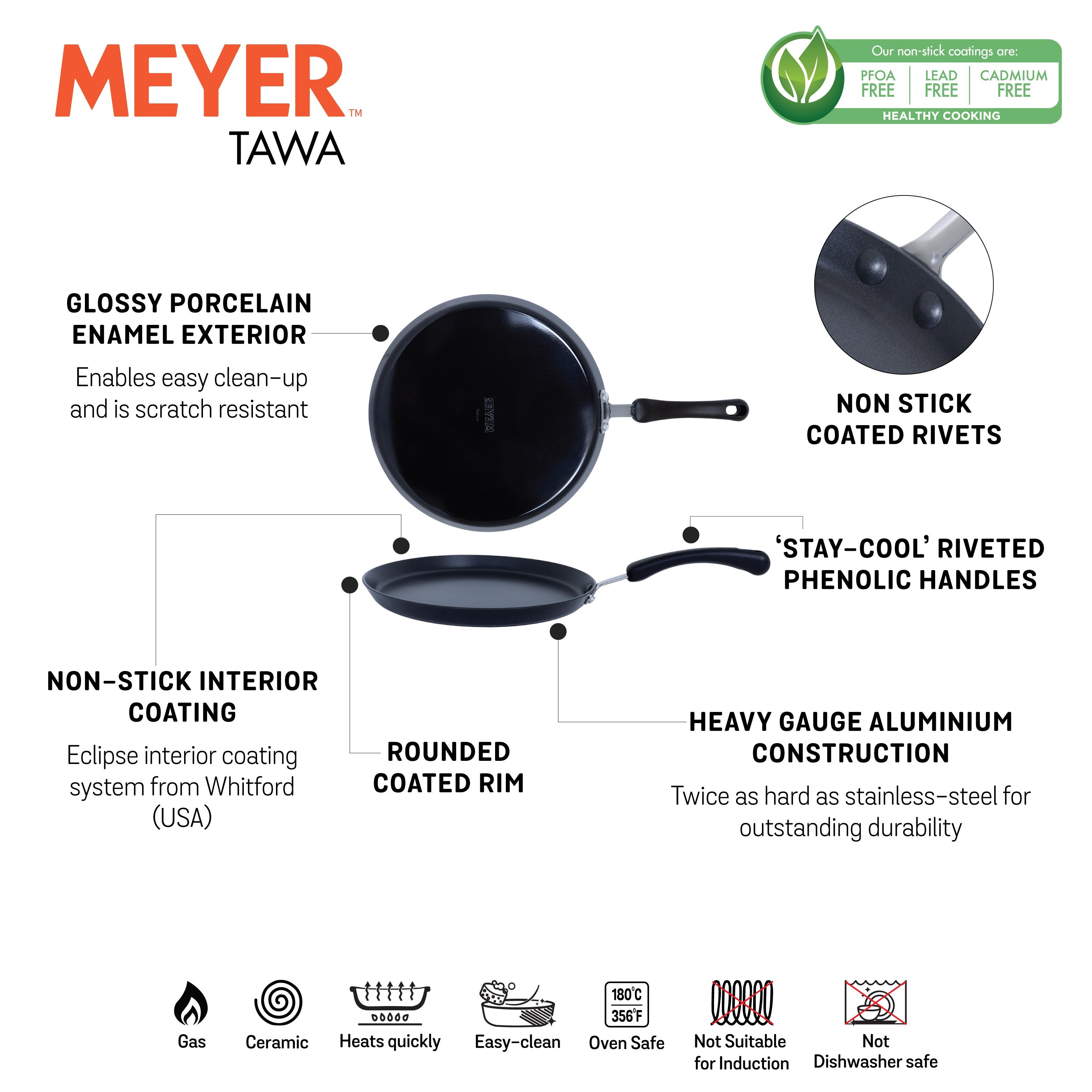 Meyer Premium Non-Stick (3mm thick)28cm Flat Dosa Tawa, Black - Pots and Pans