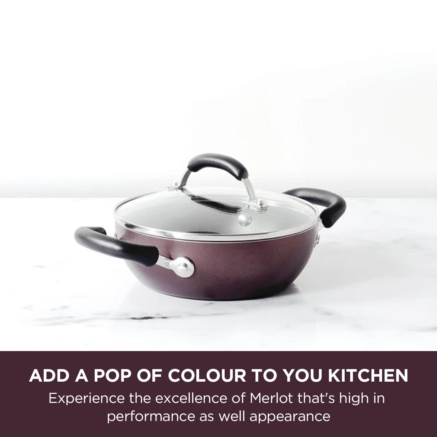 Meyer Merlot Non-Stick 3pcs Set 20cm Frypan + Kadai Set with Interchangeable Glass Lid