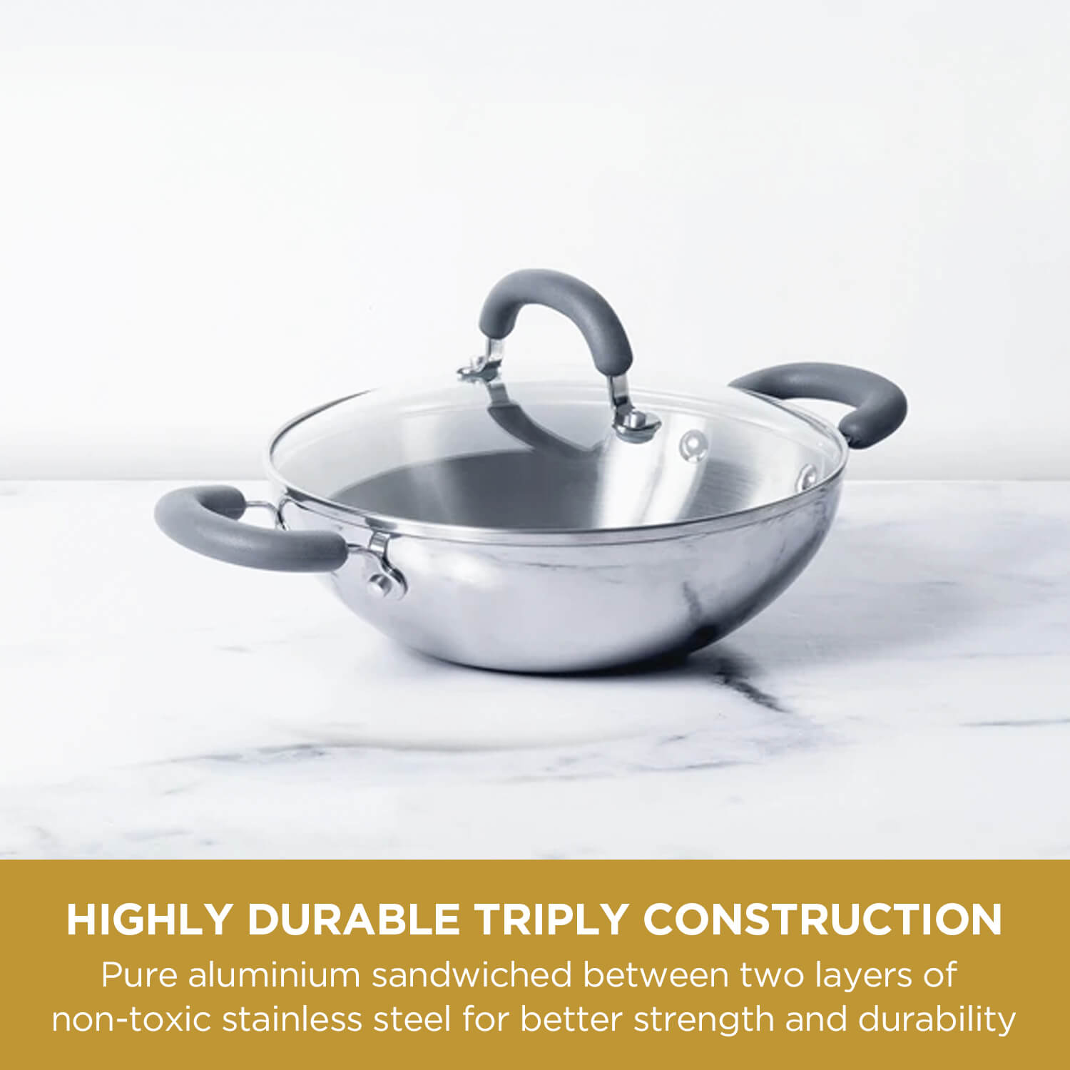 Meyer Trivantage Stainless Steel Triply Cookware 3pcs Set (26cm Frypan + Kadai/Wok with Interchangeable Glass Lid)