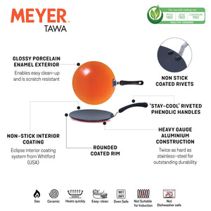 Meyer Premium Non-Stick Curved Roti Tawa, 26cm, Orange (5mm thick) - Pots and Pans