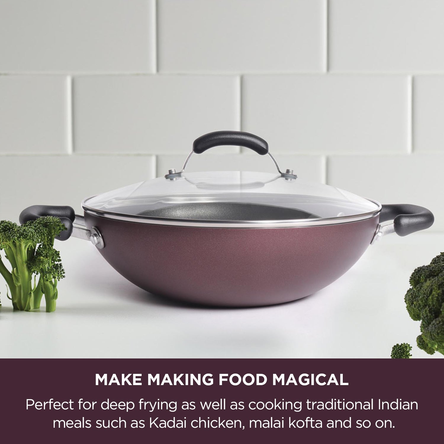 Meyer Merlot Non-Stick Kadai/Wok with Lid, 28cm