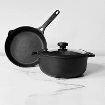 Meyer Pre- Seasoned Cast Iron 3 Piece Cookware Set - 20cm Skillet + 20cm Sauteuse with Interchangeable Lid, Black