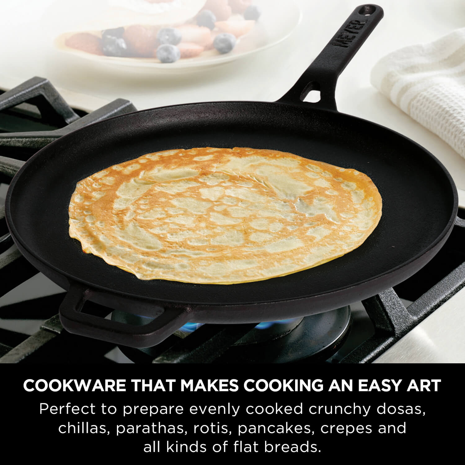 Meyer Pre-Seasoned Cast Iron 2pcs Set (28cm Flat Dosa Tawa + 26cm Frypan/Skillet)