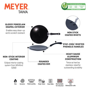 Meyer Premium Non-Stick Curved Roti Tawa, 26cm, Black (4mm thick) - Pots and Pans