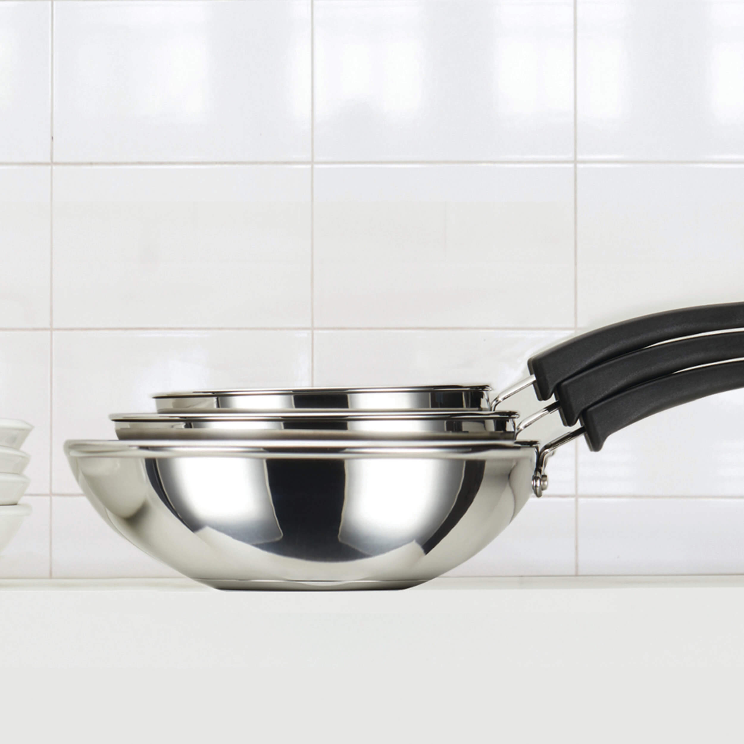 Meyer Kitchen Hacks (Stainless Steel + Non Stick) 3 Piece Open Stirfry/Kadai with Stick Handle Set, (22 cm / 26 cm/ 30 cm)