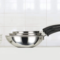 Meyer Kitchen Hacks (Stainless Steel + Non Stick) 3 Piece Open Stirfry/Kadai with Stick Handle Set, (22 cm / 26 cm/ 30 cm)