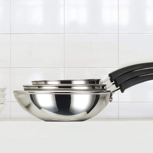 Meyer Kitchen Hacks (Stainless Steel + Non Stick) 3 Piece Open Stirfry/Kadai with Stick Handle Set, (22 cm / 26 cm/ 30 cm)