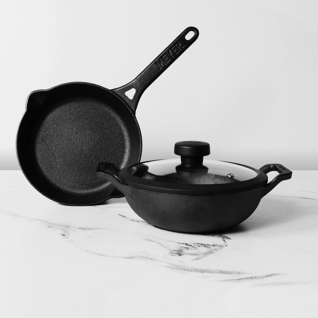 Meyer Pre- Seasoned Cast Iron 3 Piece Cookware Set - 20cm Frypan + 20cm Kadai with Interchangeable Lid, Black