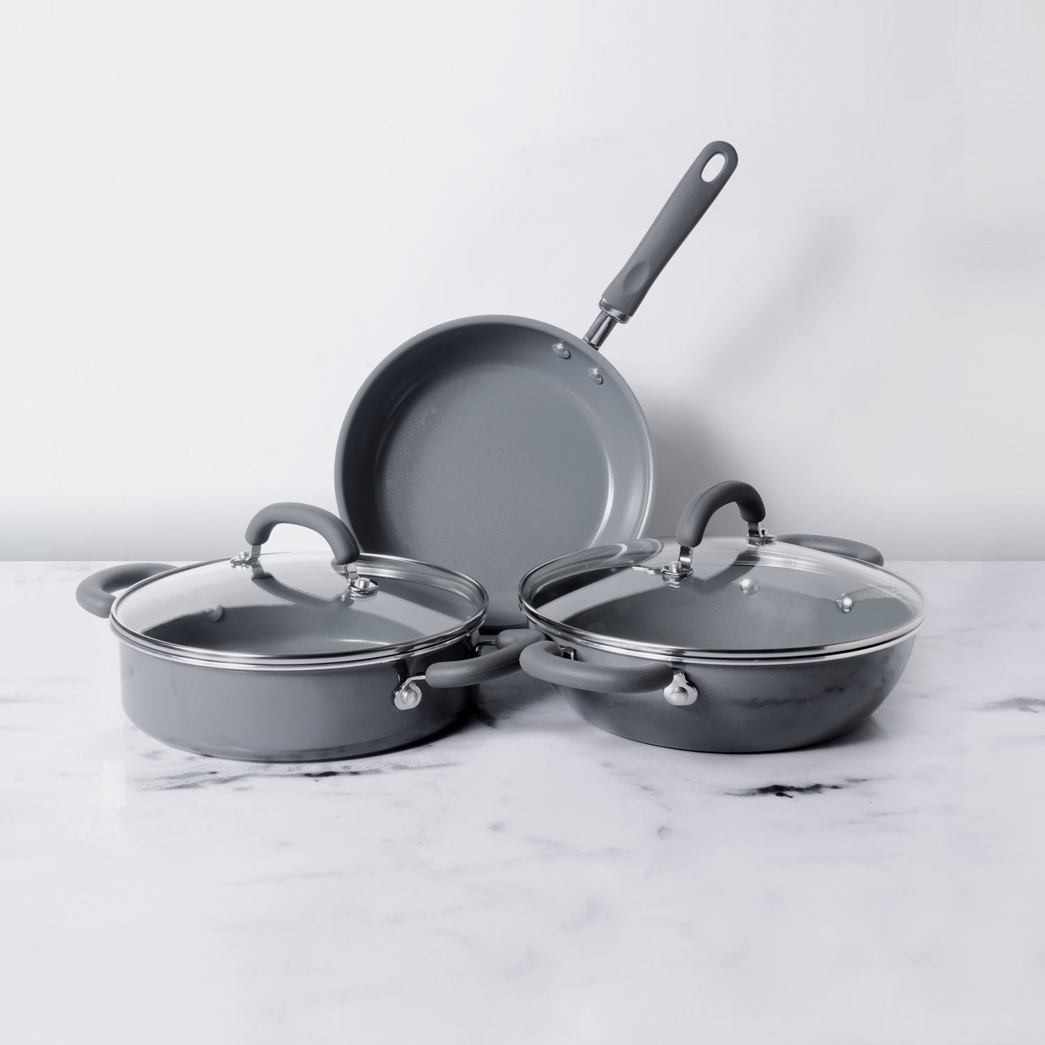 Meyer Anzen 5pcs Set - 24cm Frypan + 24cm Sauteuse with Interchangeable Lid + 26cm Kadai with Lid - Pots and Pans