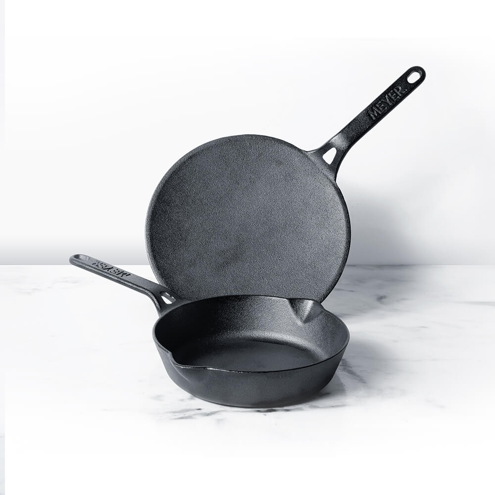 Meyer Pre Seasoned Cast Iron 2pcs Set (20cm Frypan/Skillet + 26cm Roti Tawa) - Pots and Pans