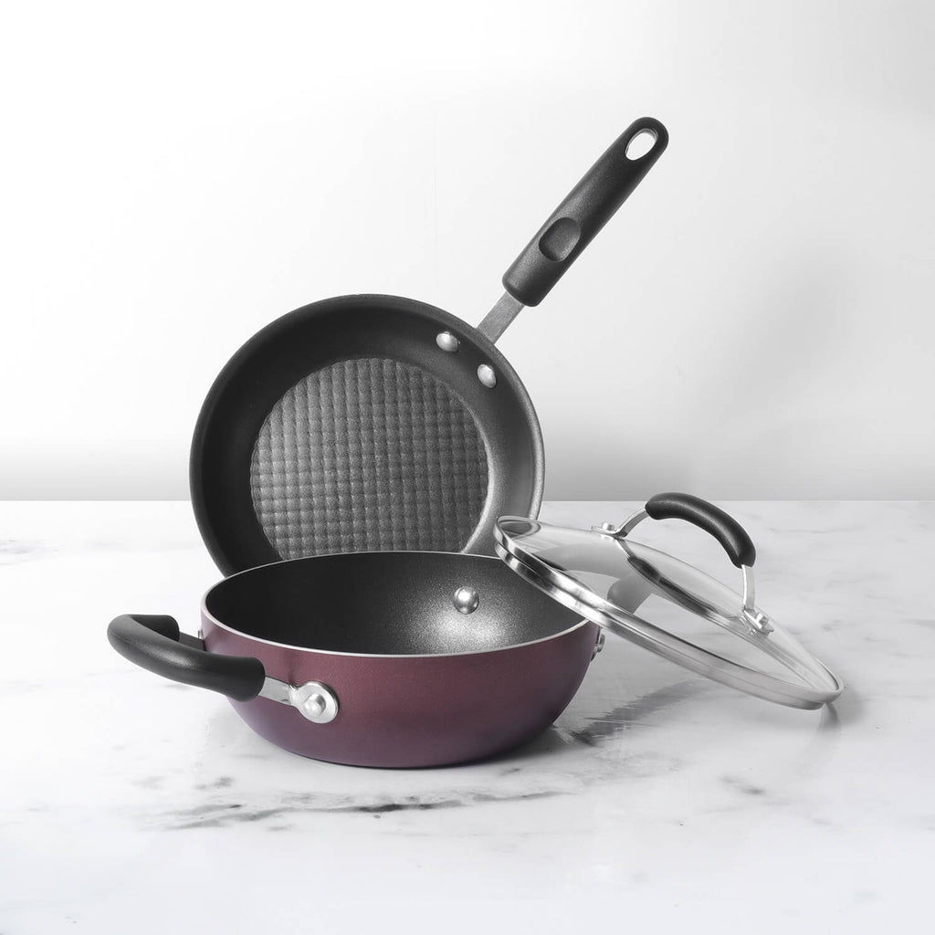 Meyer Merlot Non-Stick 3pcs Set 20cm Frypan + Kadai Set with Interchangeable Glass Lid - Pots and Pans