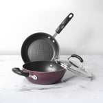 Meyer Merlot Non-Stick 3pcs Set 20cm Frypan + Kadai Set with Interchangeable Glass Lid - Pots and Pans