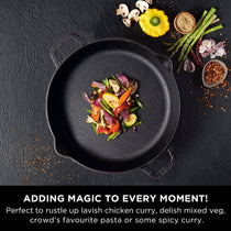 Meyer Pre- Seasoned Cast Iron 3 Piece Cookware Set - 26cm Skillet + 26cm Kadai with Interchangeable Lid, Black