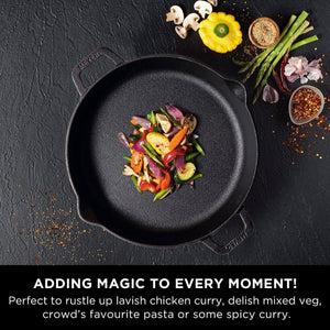 Meyer Pre- Seasoned Cast Iron 3 Piece Cookware Set - 26cm Skillet + 26cm Kadai with Interchangeable Lid, Black