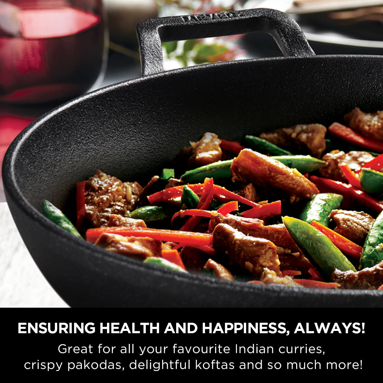 Meyer Pre- Seasoned Cast Iron 3 Piece Cookware Set - 20cm Frypan + 20cm Kadai with Interchangeable Lid, Black