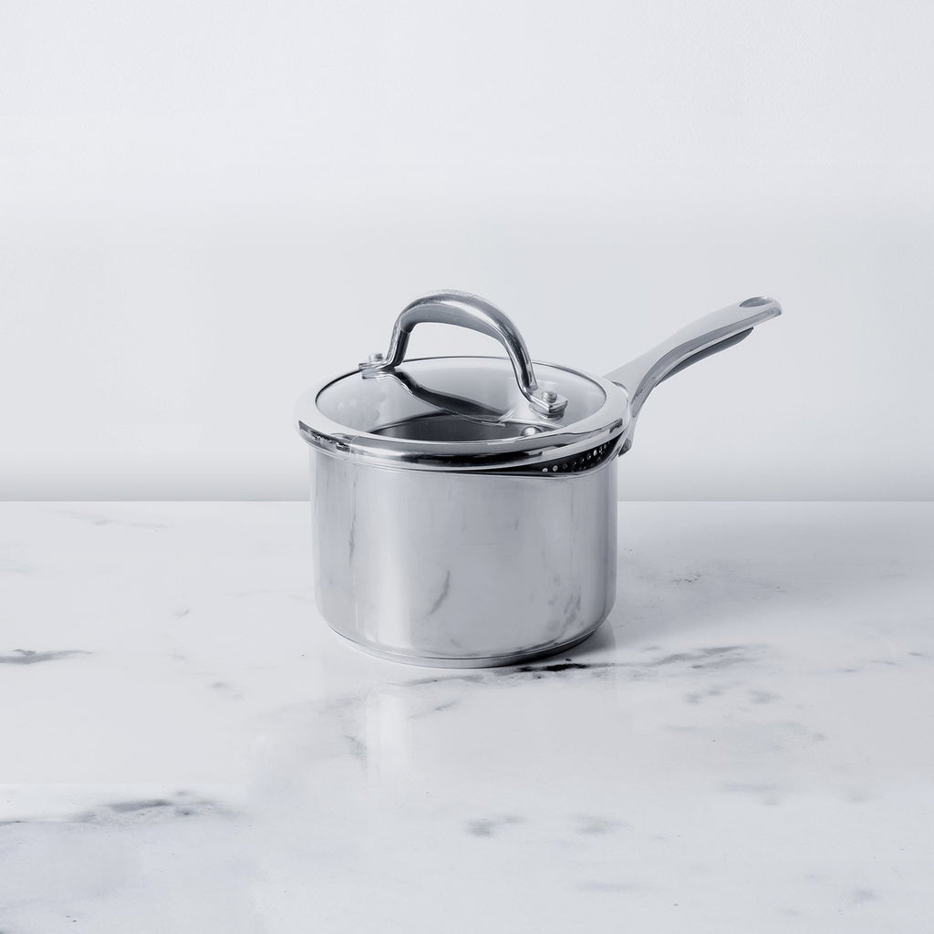Meyer Select Stainless Steel Straining Saucepan 16cm (Induction & Gas Compatible) - Pots and Pans